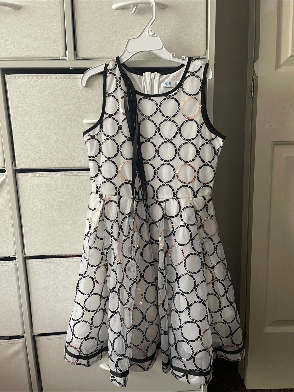 Girls White Circle Print Party Dress with Black Trim